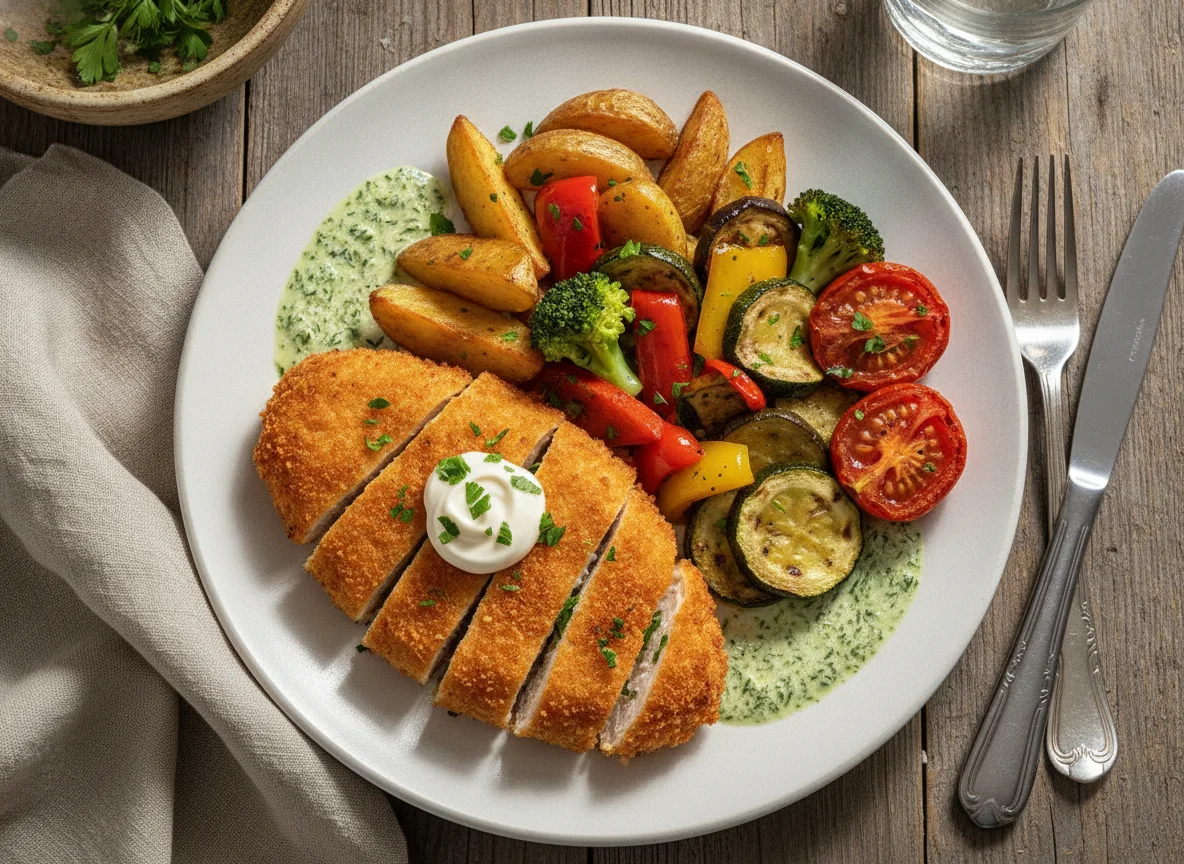 Breaded chicken with roasted vegetables and potatoes photo