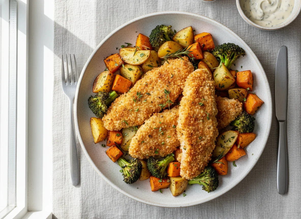 Breaded Chicken with Roasted Vegetables photo