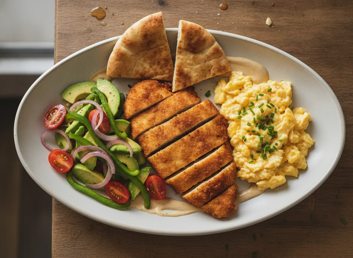 Breaded chicken with scrambled eggs, avocado salad and sesame cream photo