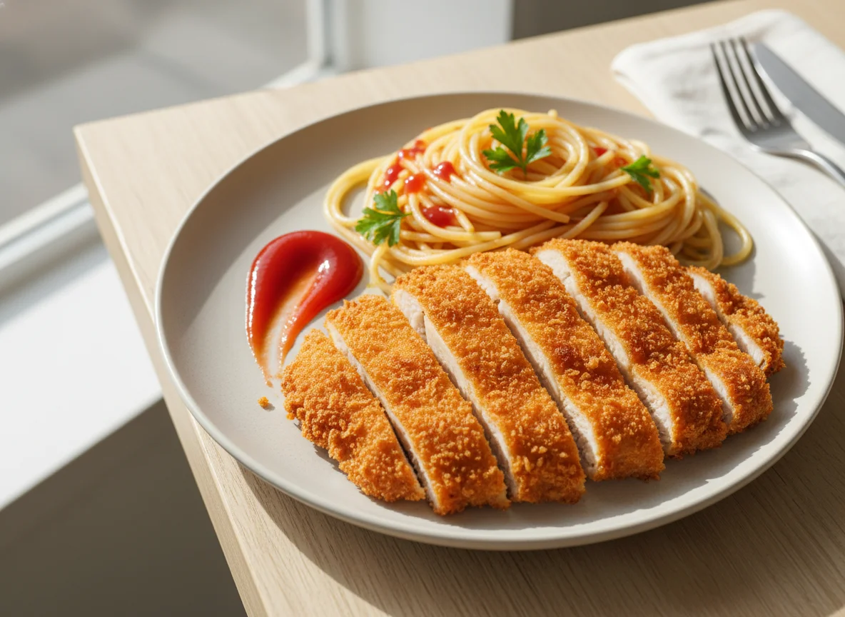 Breaded Chicken with Spaghetti and Ketchup photo