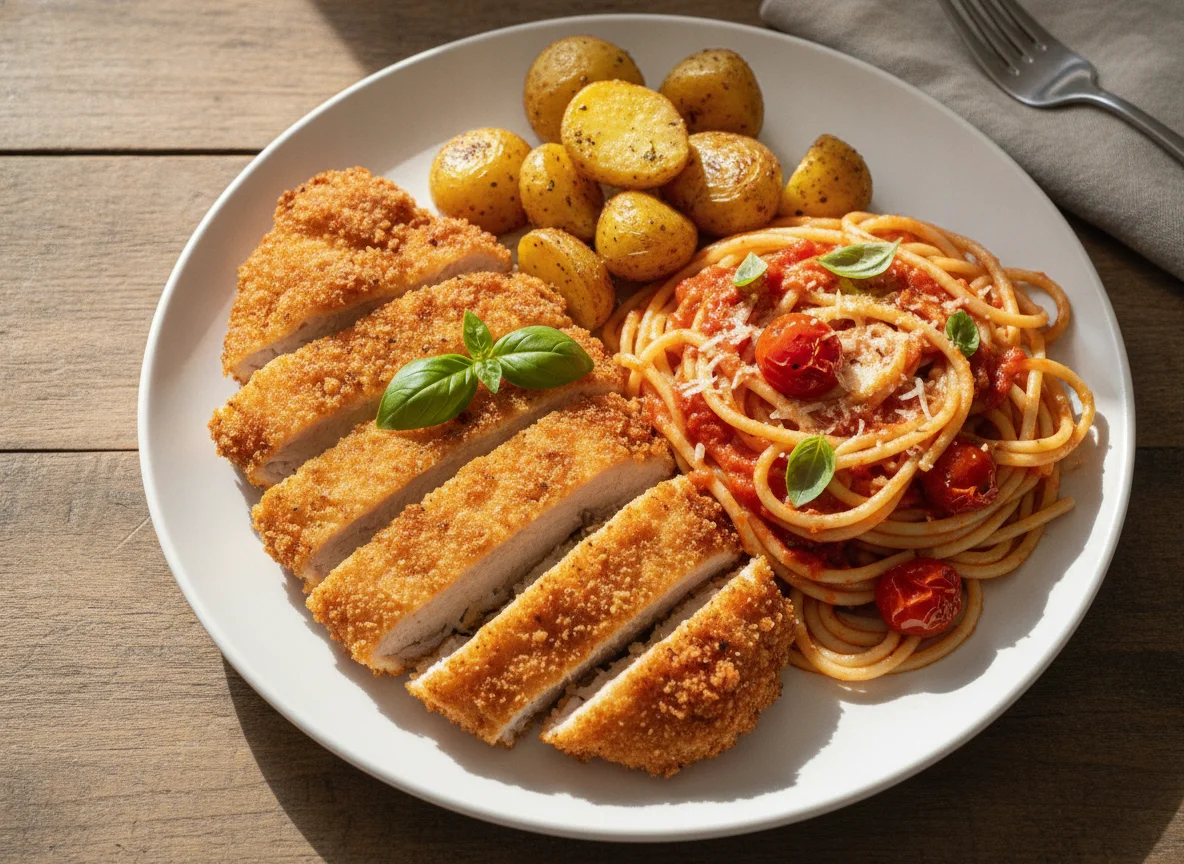 Breaded chicken with spaghetti in tomato sauce photo