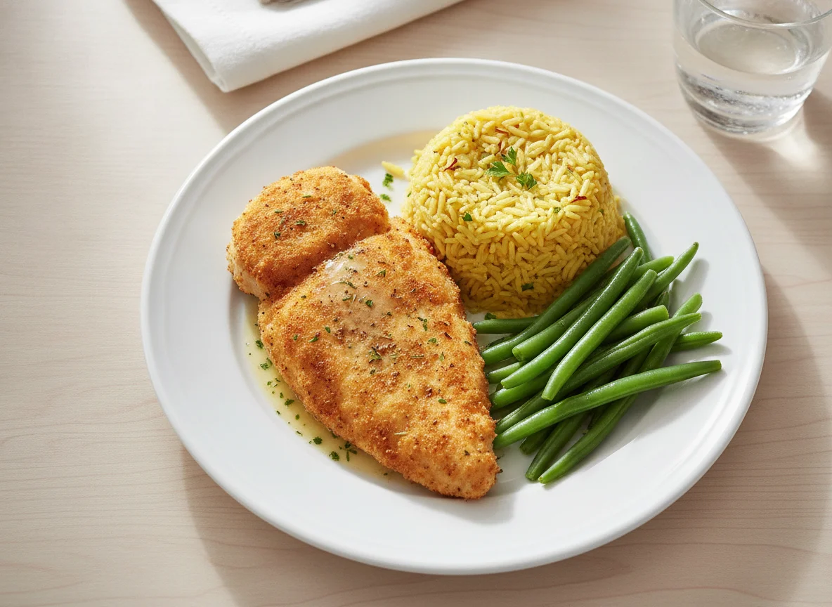 Breaded Chicken with Yellow Rice and Green Beans photo