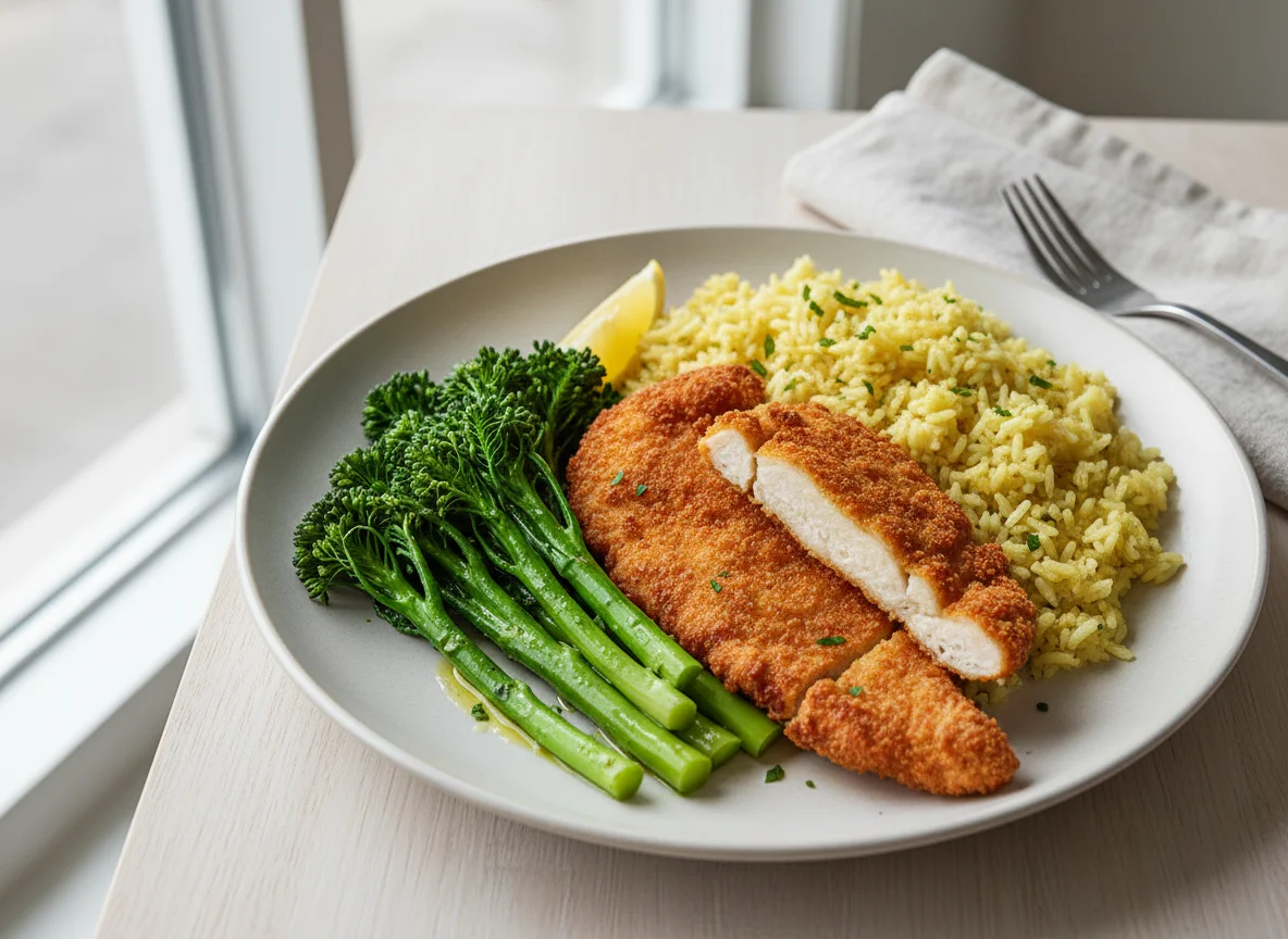 Breaded Chicken/Fish with Rice and Broccoli photo