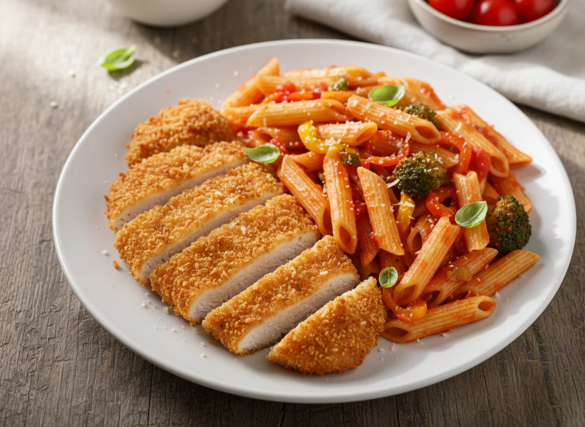 Breaded Cutlet and Penne Pasta with Vegetables photo