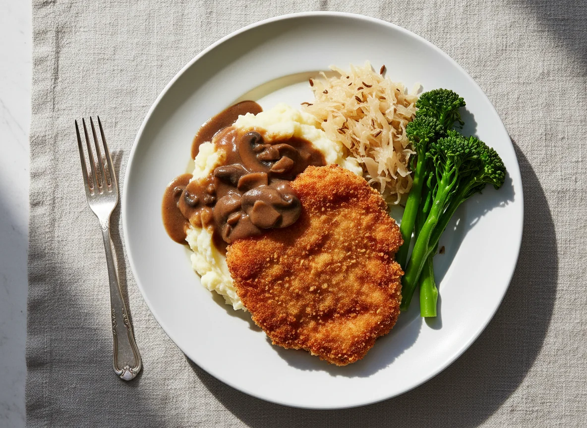 Breaded Cutlet with Mashed Potatoes, Sauerkraut, Broccolini and Gravy photo