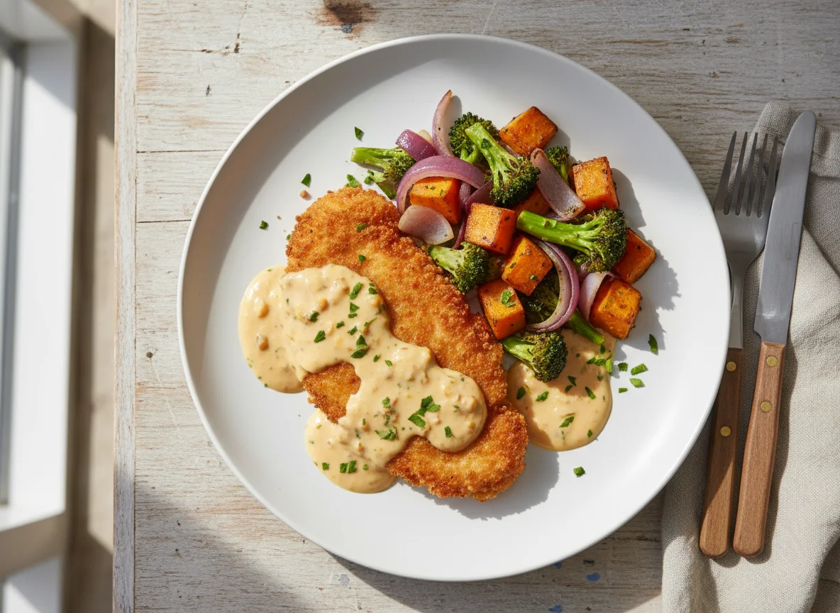 Breaded cutlet with mixed vegetables and sauce photo