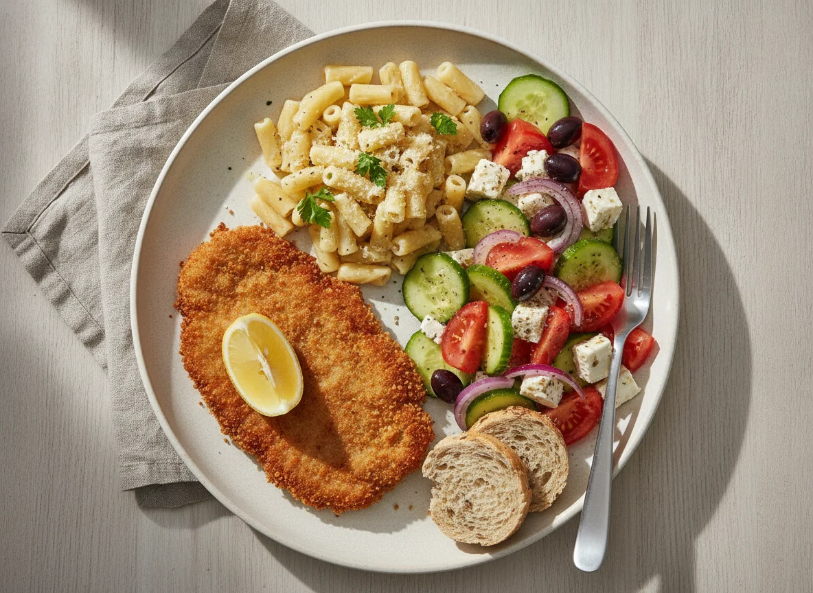 Breaded Cutlet with Pasta and Greek Salad photo