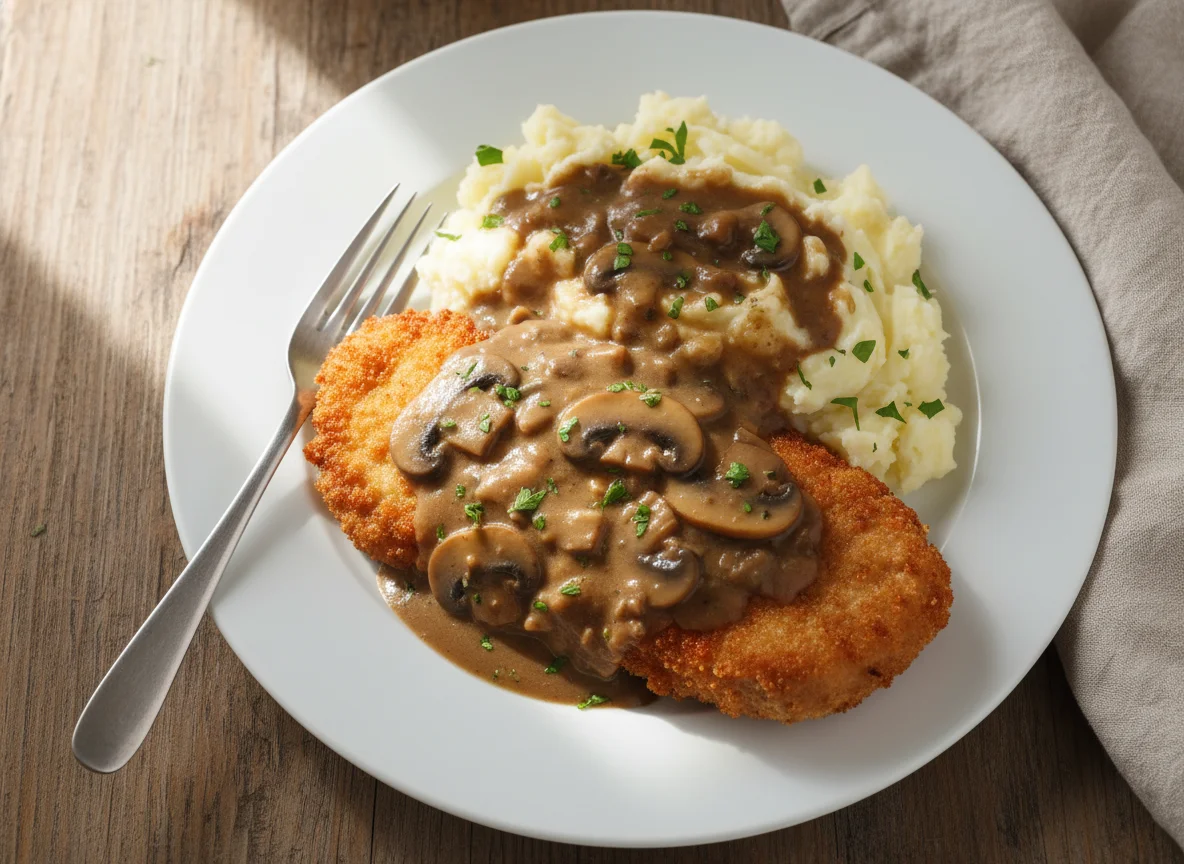 Breaded Cutlet with Potatoes and Gravy photo