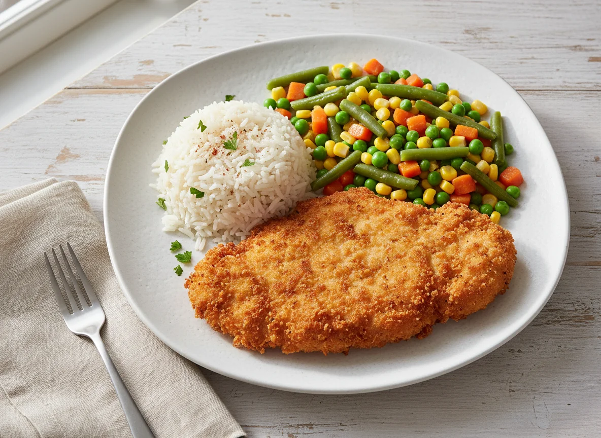 Breaded Cutlet with Rice and Mixed Vegetables photo