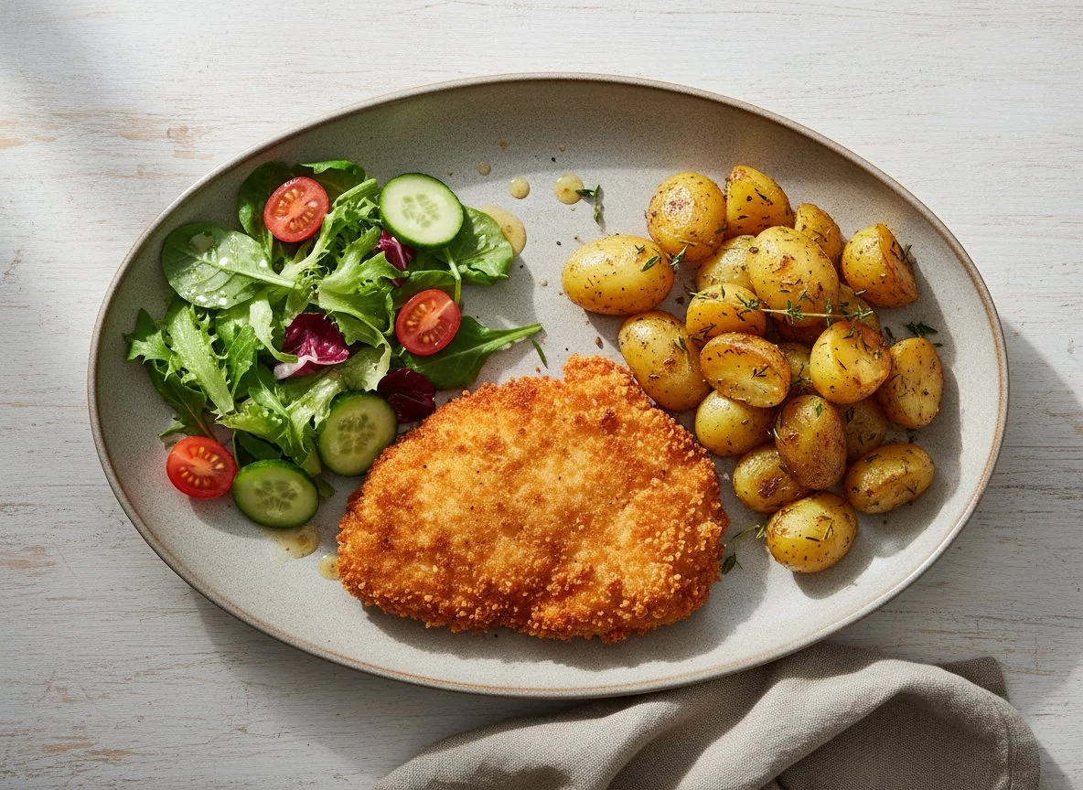 Breaded Cutlet with Roasted Potatoes and Salad photo