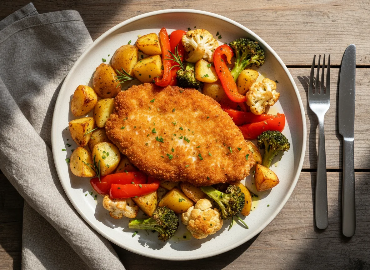 Breaded Cutlet with Roasted Vegetables and Potatoes photo