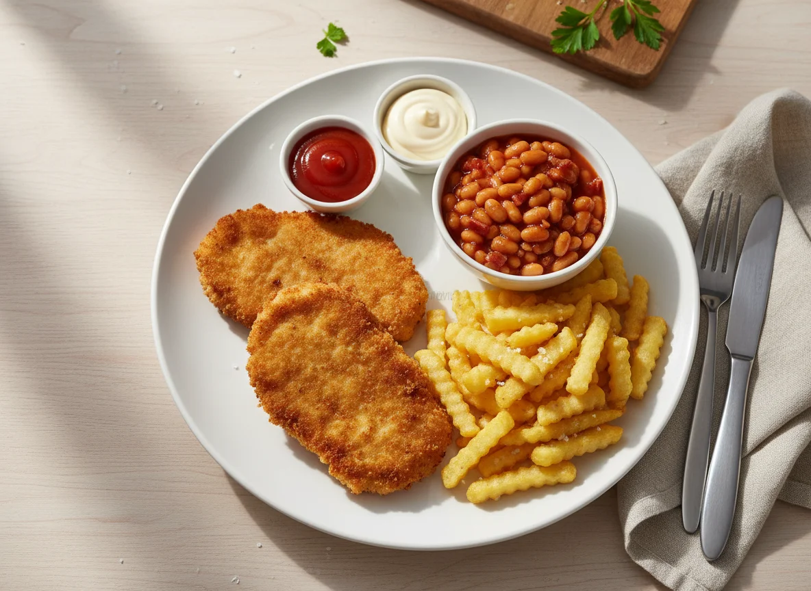 Breaded cutlets with chips and baked beans photo