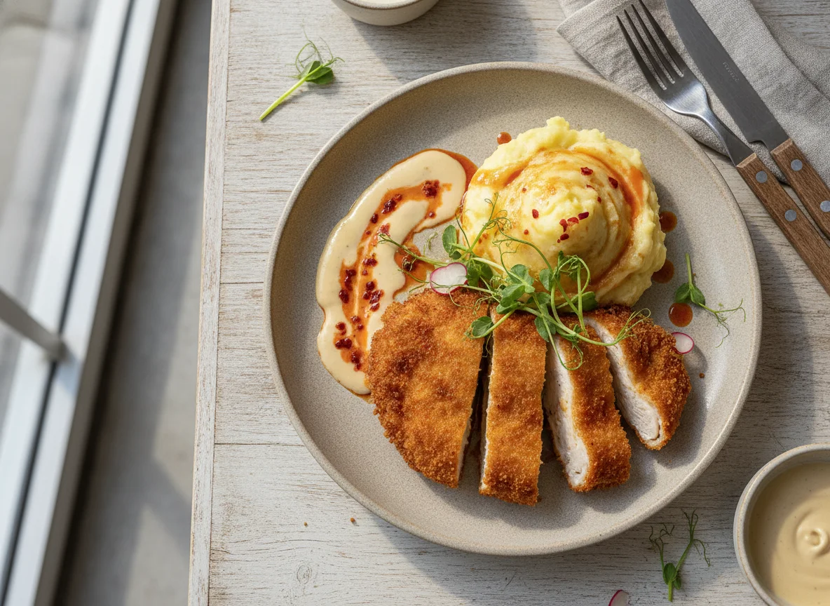 Breaded Cutlets with Mashed Potatoes and Cream Sauce photo