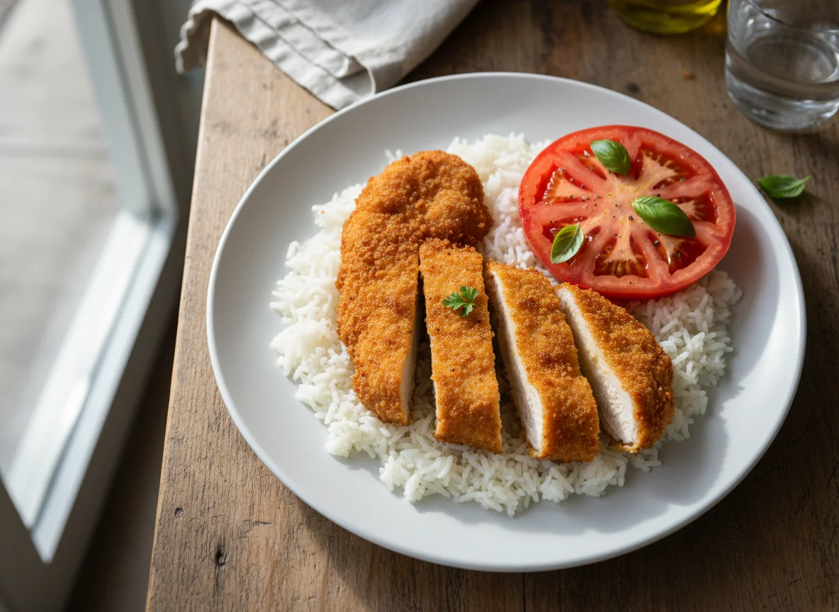 Breaded Cutlets with Rice and Tomato photo