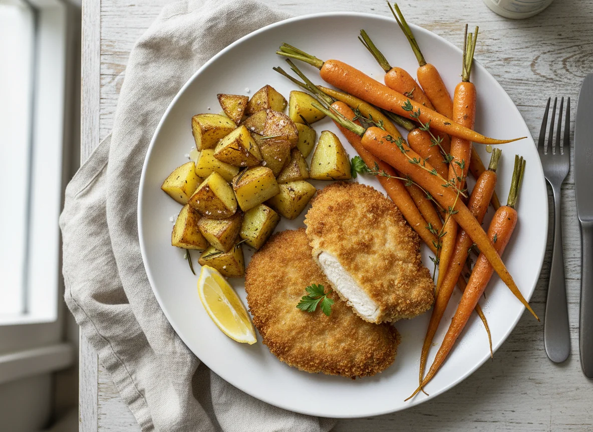 Breaded Cutlets with Roasted Potatoes and Carrots photo
