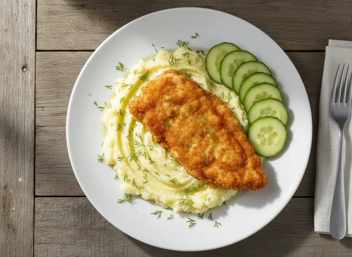 Breaded Fillet with Mashed Potatoes and Cucumber photo