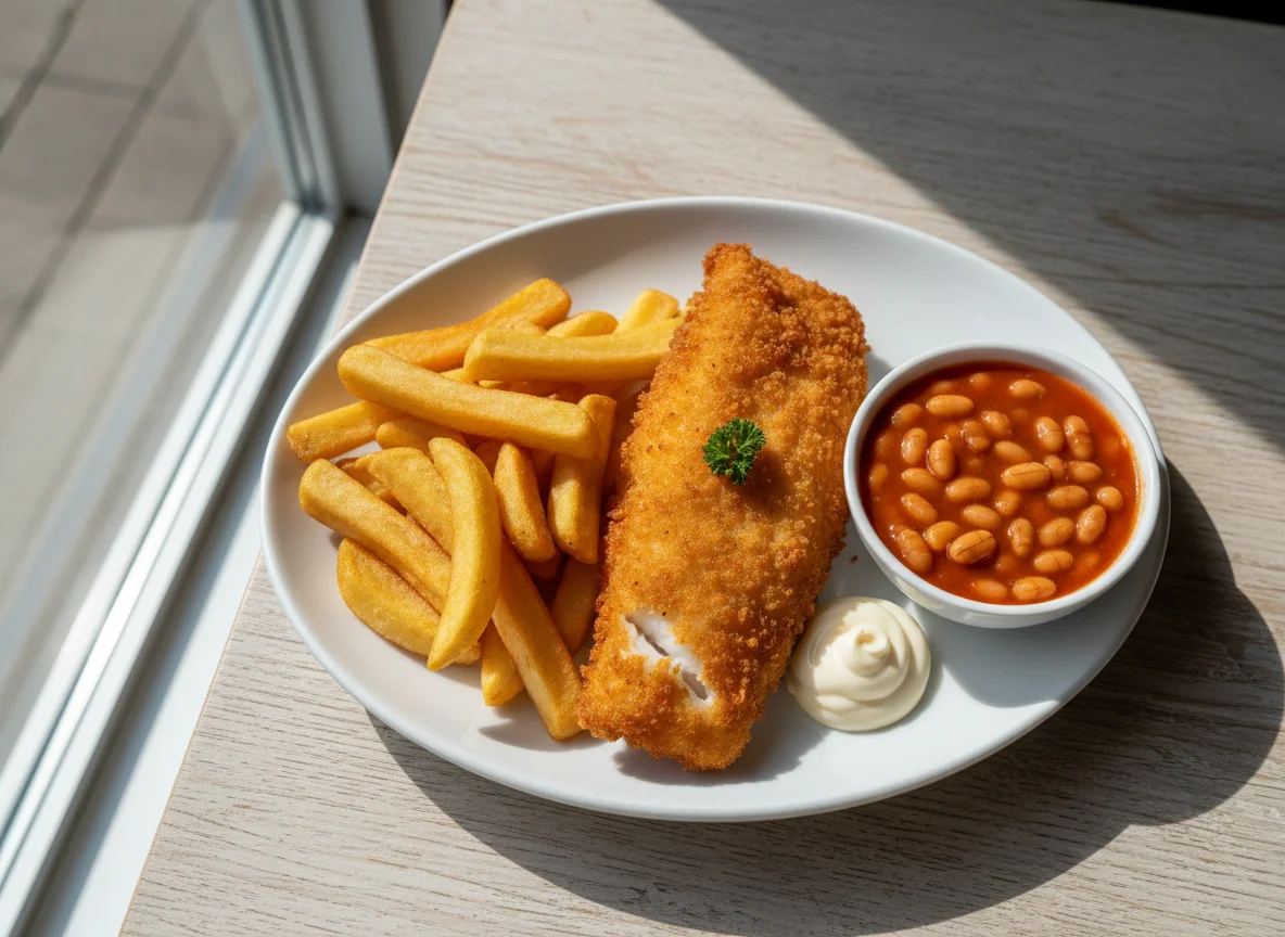 Breaded Fish and Chips with Baked Beans photo