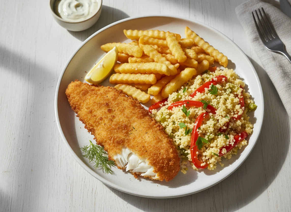 Breaded Fish and Chips with Couscous and Peppers photo