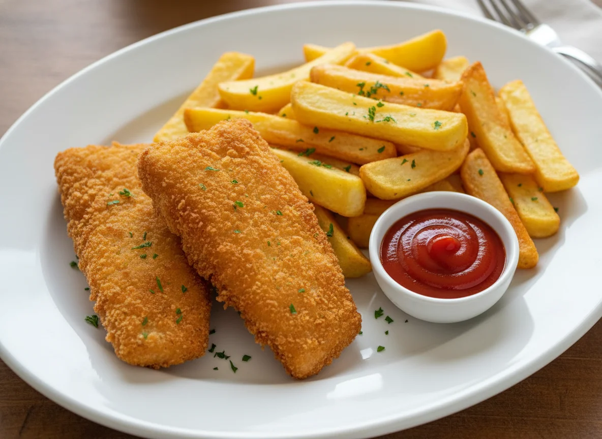 Breaded Fish and Chips with Ketchup photo