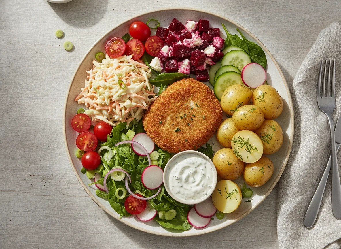 Breaded fish cake with boiled potatoes and mixed salads photo