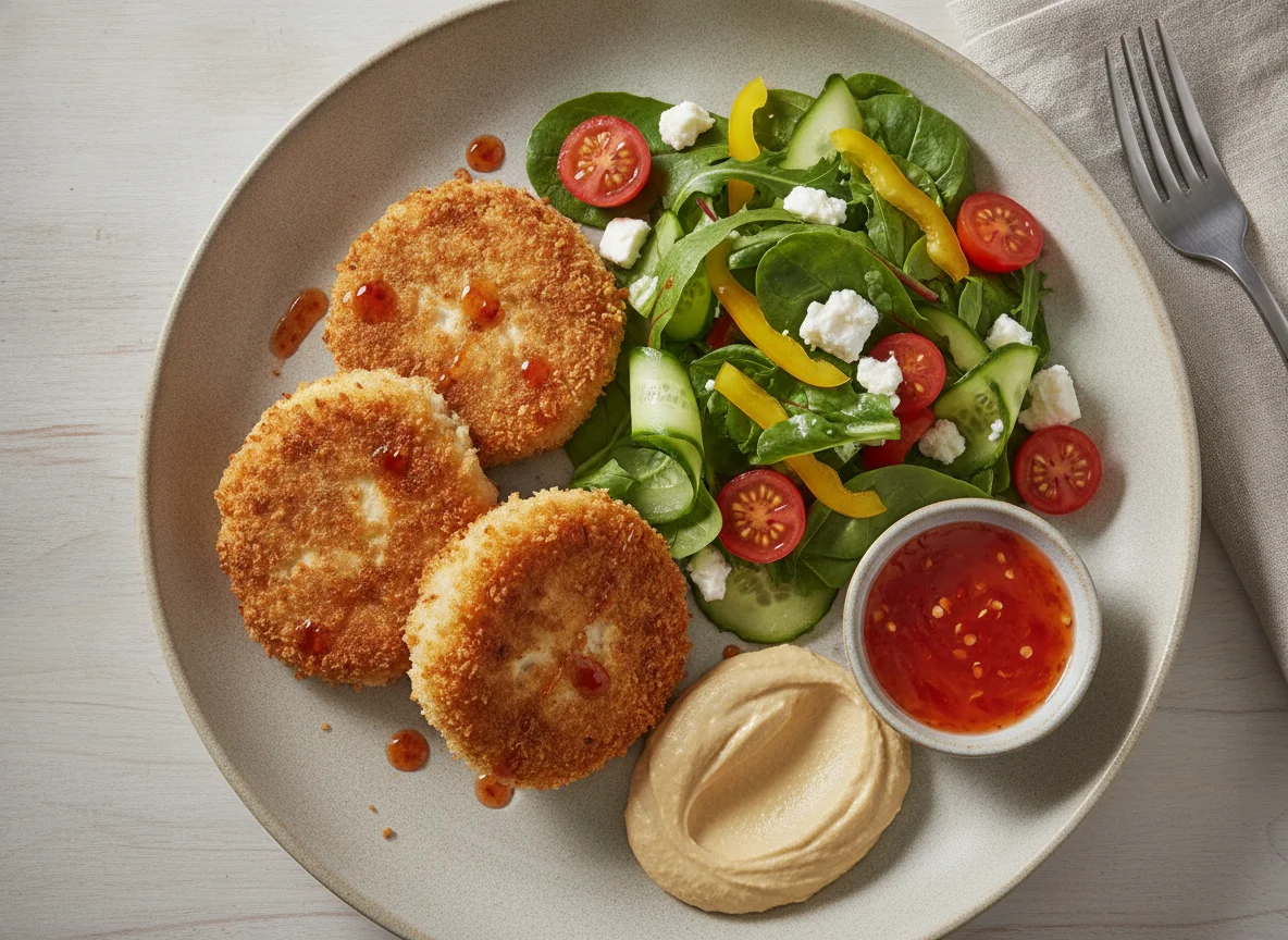 Breaded fish cakes with salad and sweet chilli sauce photo
