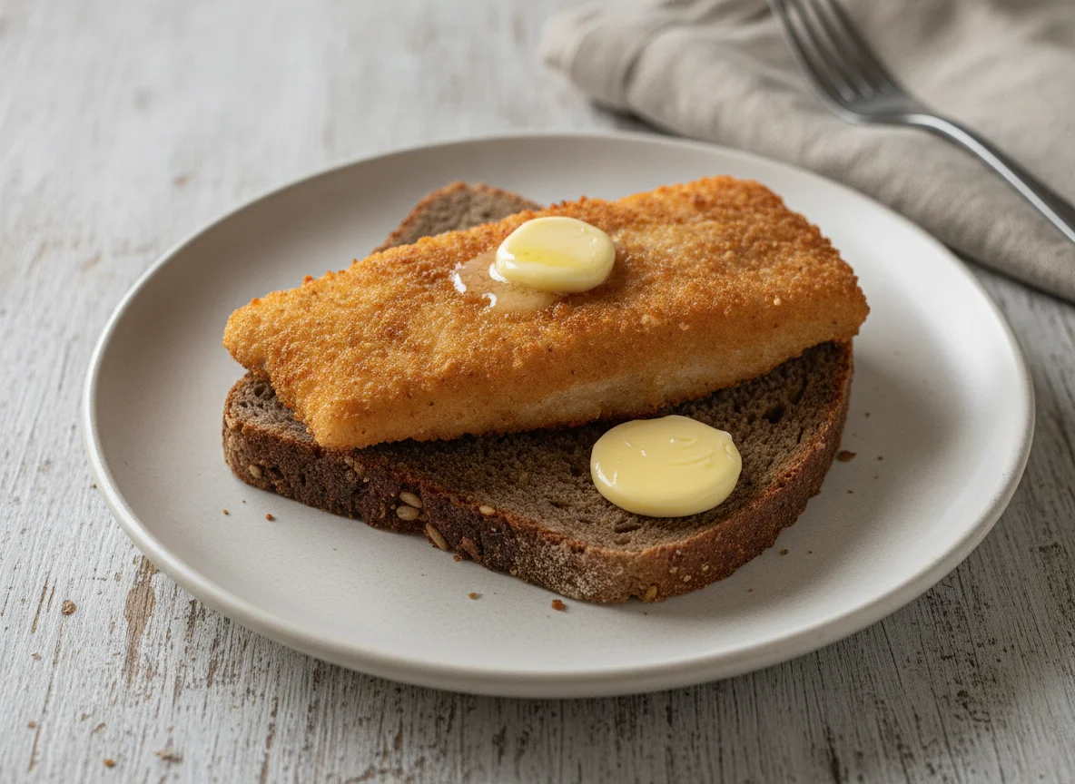 Breaded fish fillet on rye bread photo