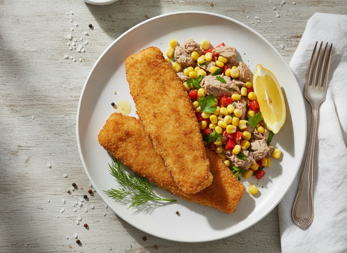 Breaded fish fillets with tuna and corn salad photo