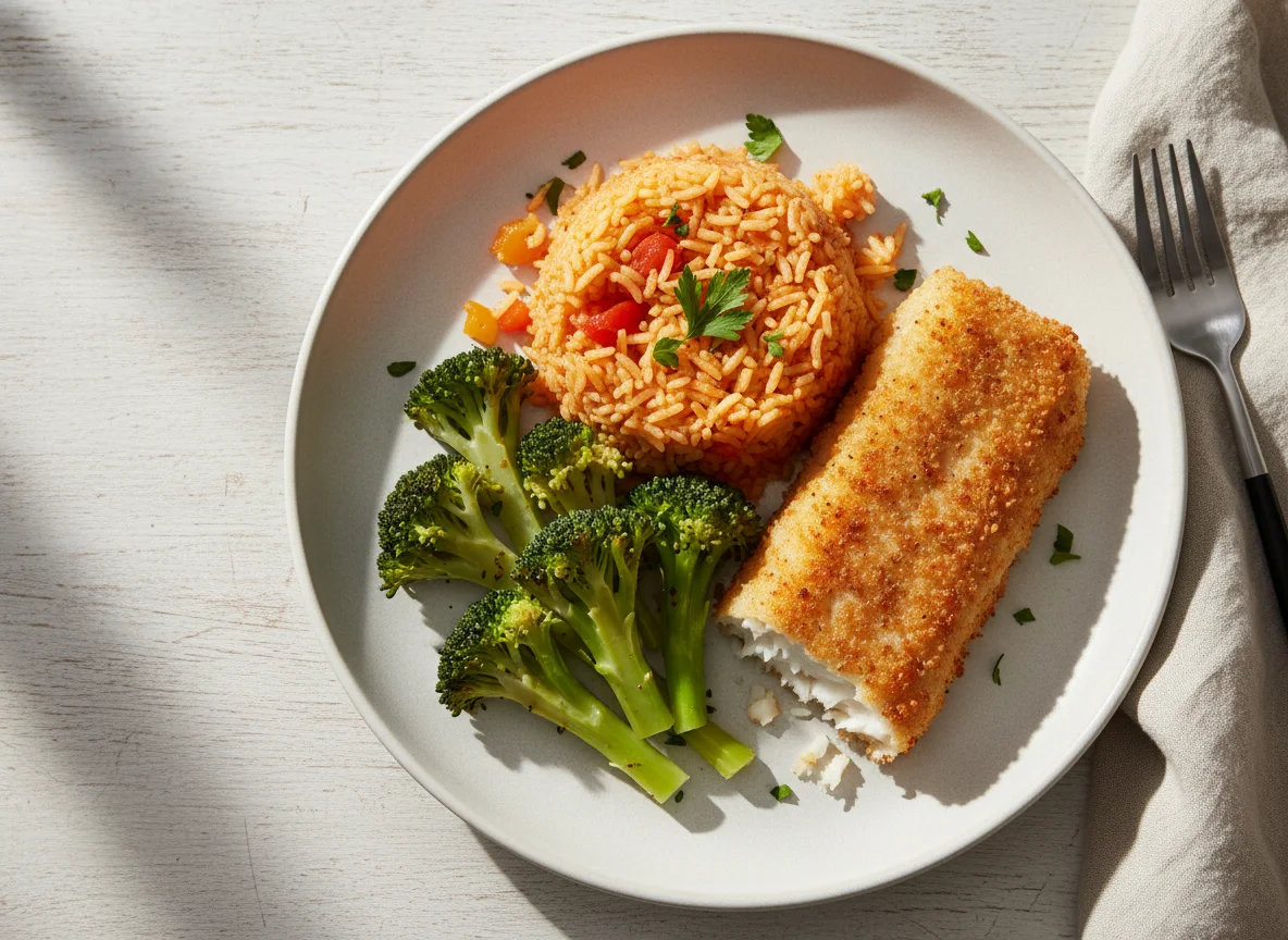 Breaded Fish, Jollof Rice and Broccoli photo