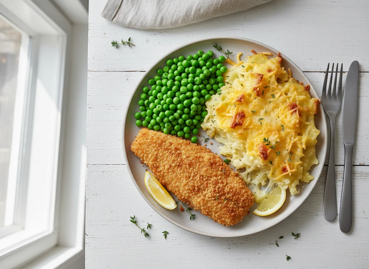 Breaded Fish, Peas, and Cheesy Potatoes photo