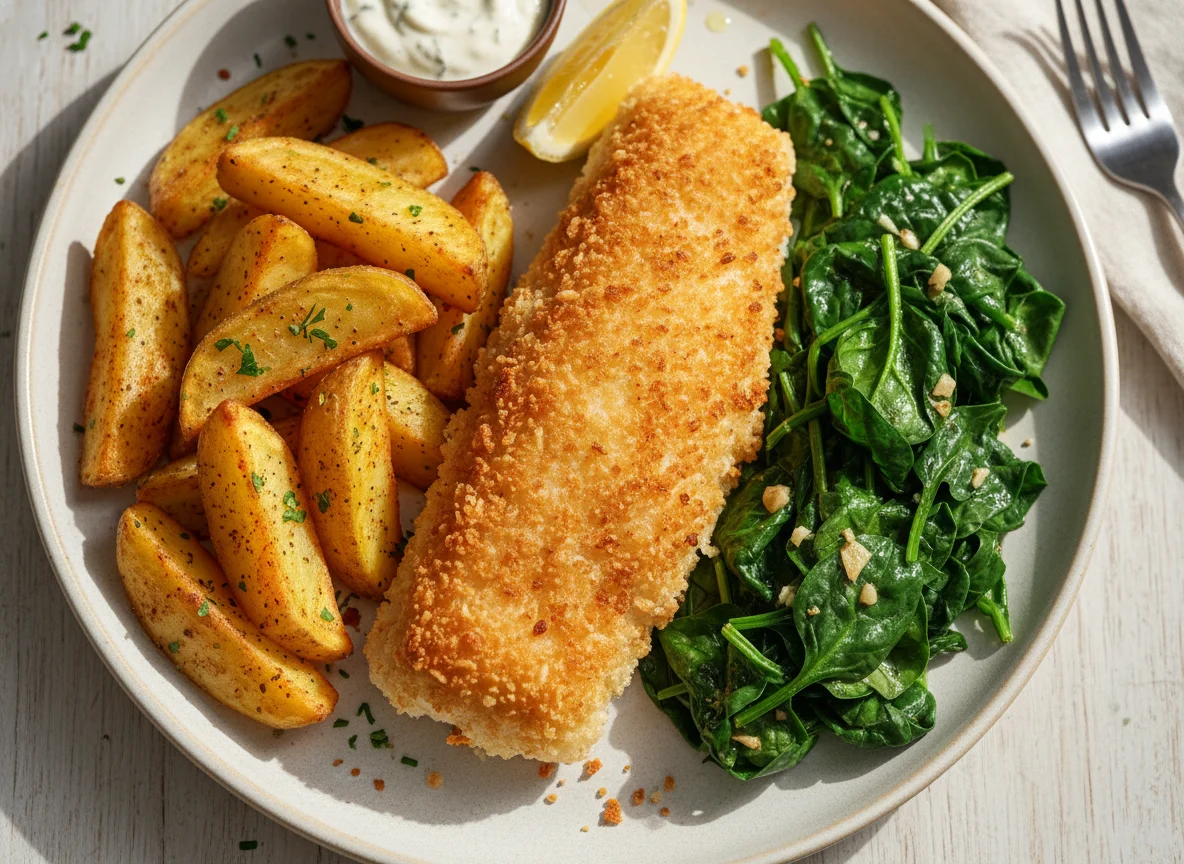 Breaded Fish, Potato Wedges and Spinach photo