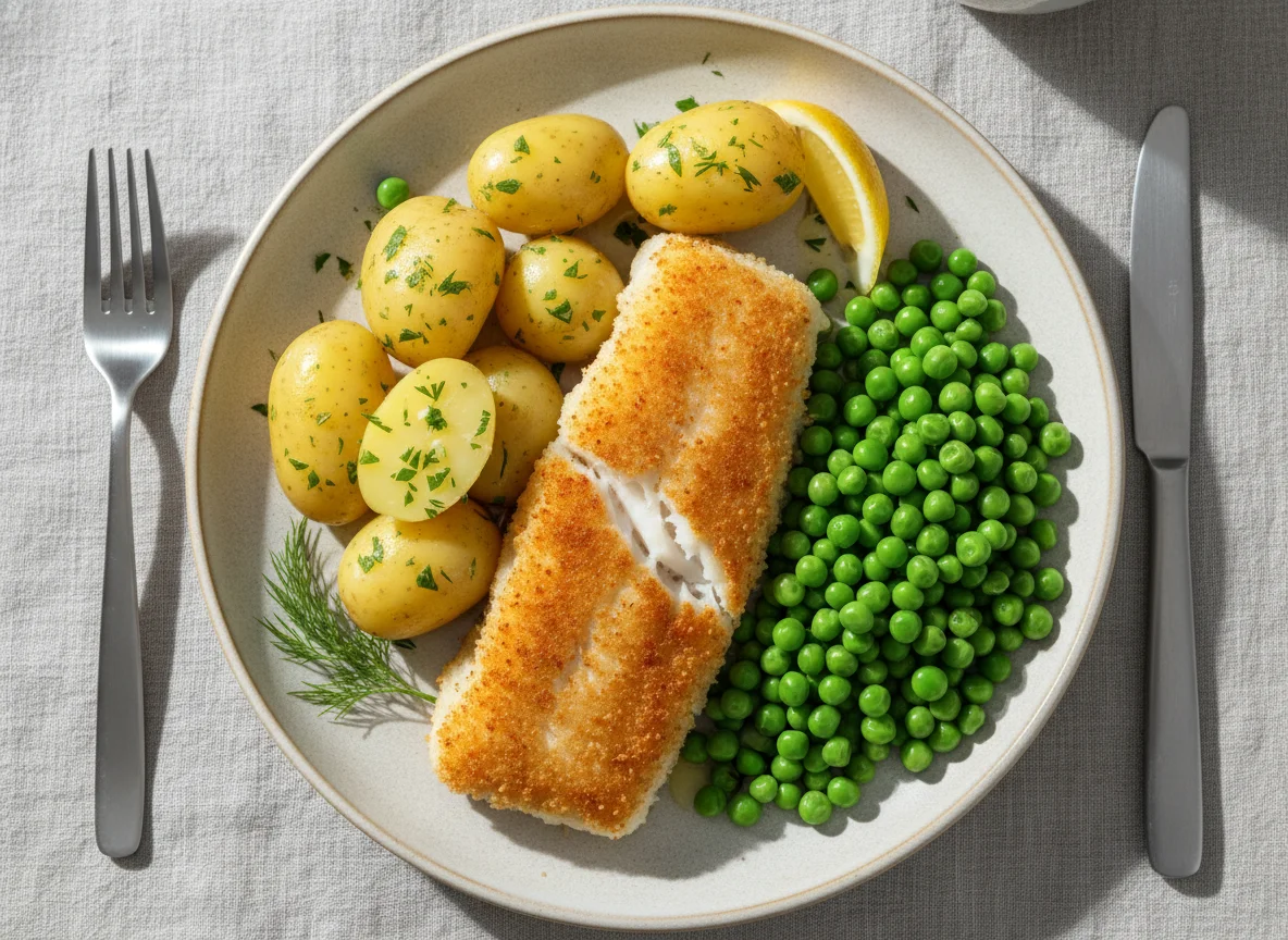 Breaded Fish, Potatoes and Peas photo