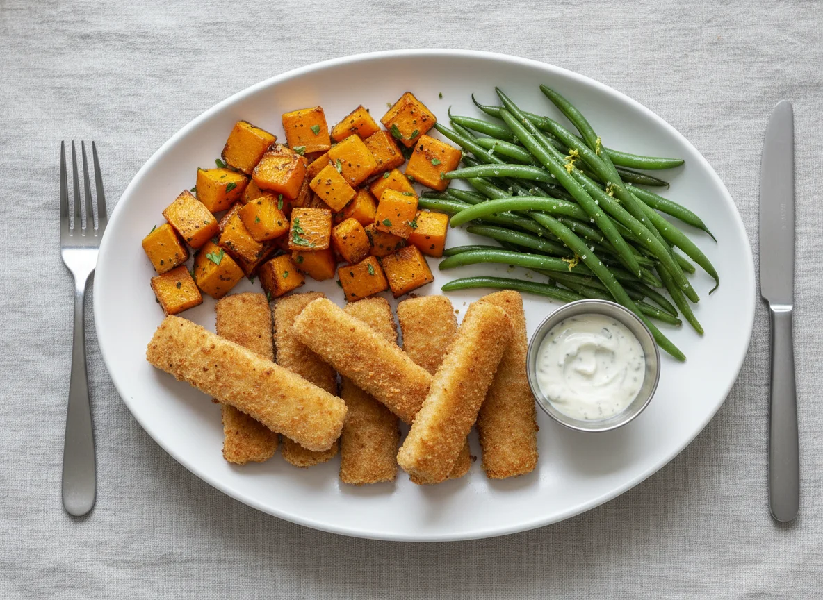 Breaded Fish Sticks with Roasted Butternut Squash and Green Beans photo
