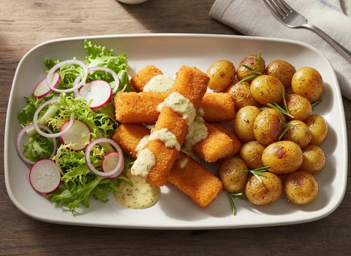 Breaded Fish Sticks with Salad and Roasted Potatoes photo
