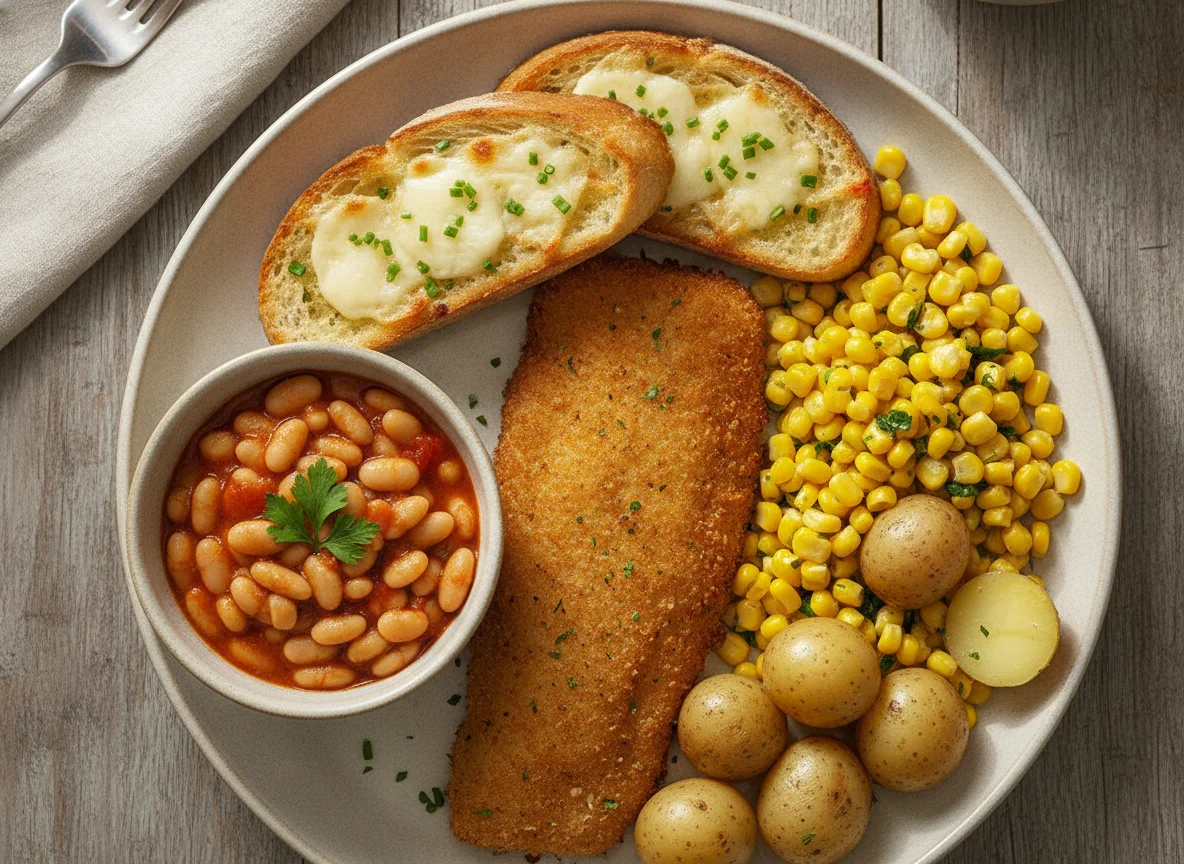 Breaded Fish with Baked Beans, Corn, Potatoes, and Garlic Bread photo