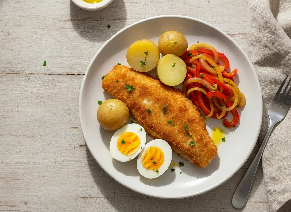 Breaded fish with boiled potatoes, egg and sautéed peppers photo