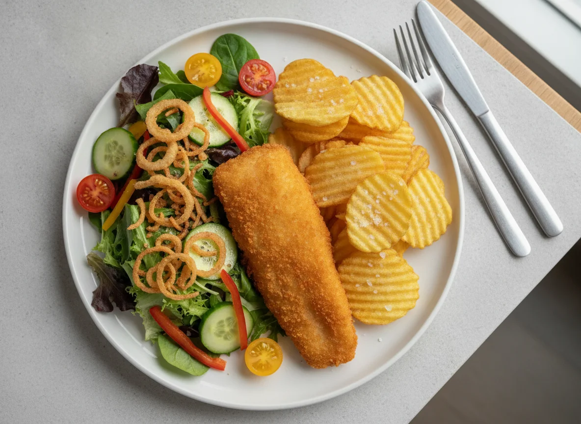 Breaded fish with chips and garden salad photo