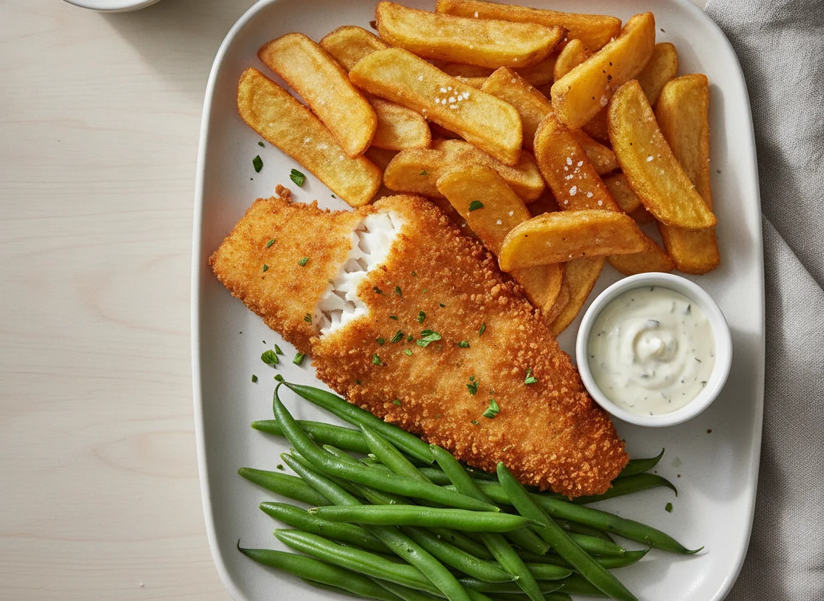 Breaded fish with chips and green beans photo