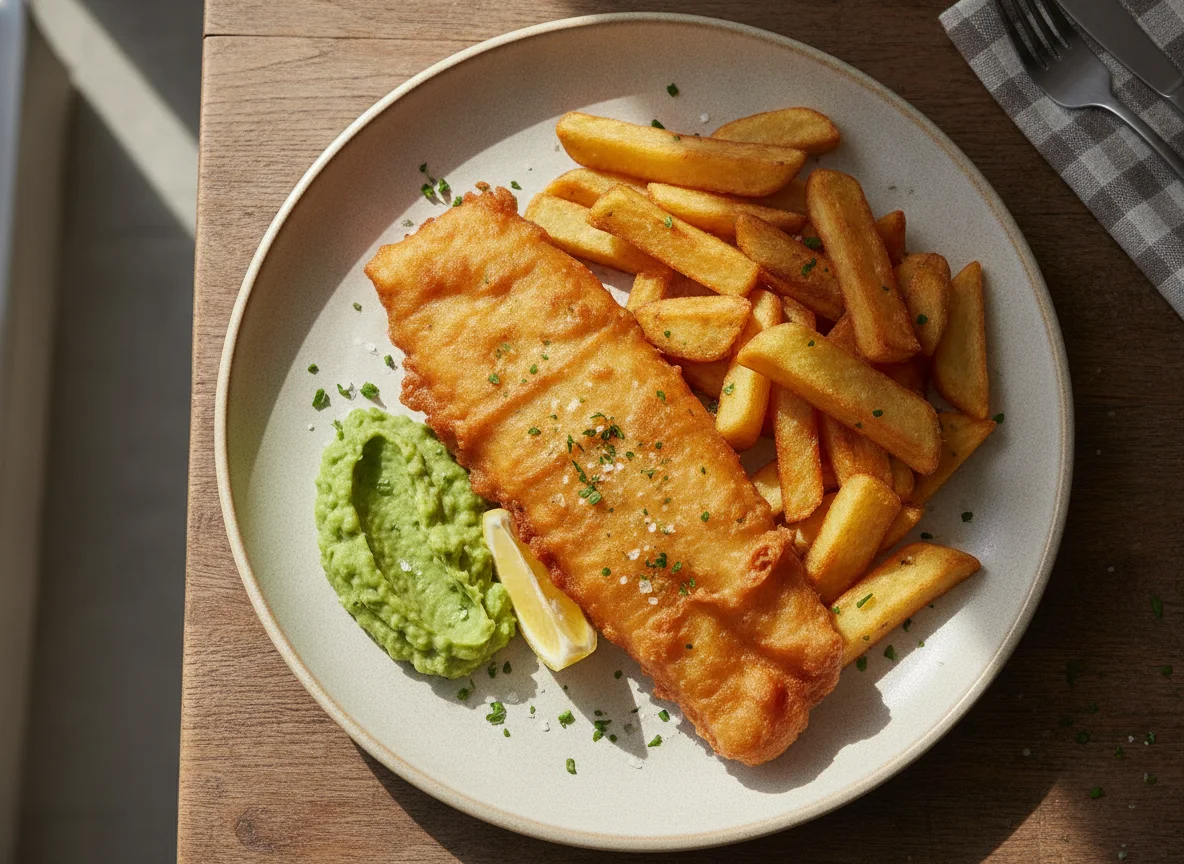 Breaded Fish with Chips and Mushy Peas photo