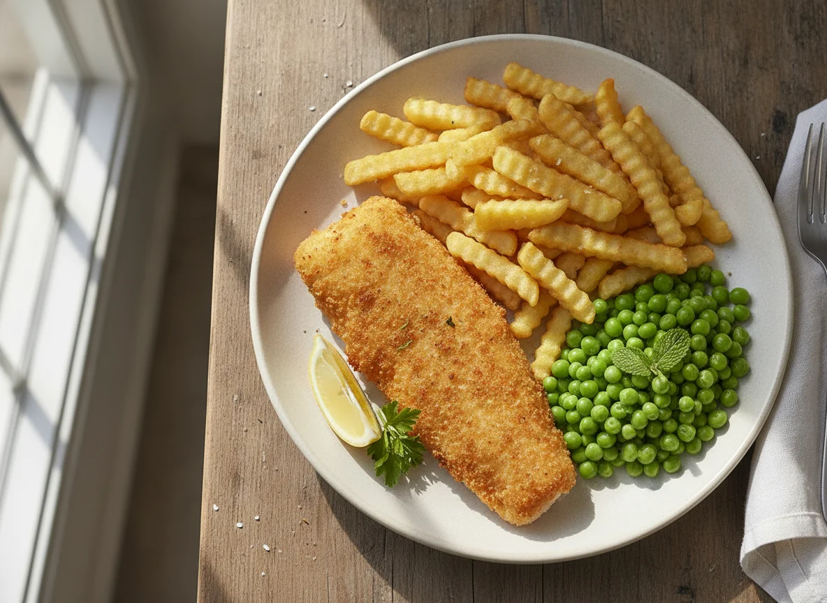 Breaded Fish with Chips and Peas photo