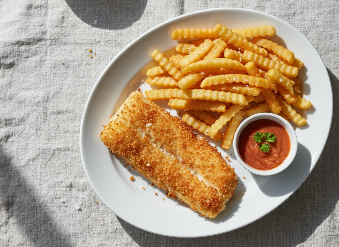 Breaded Fish with Fries and Sauce photo