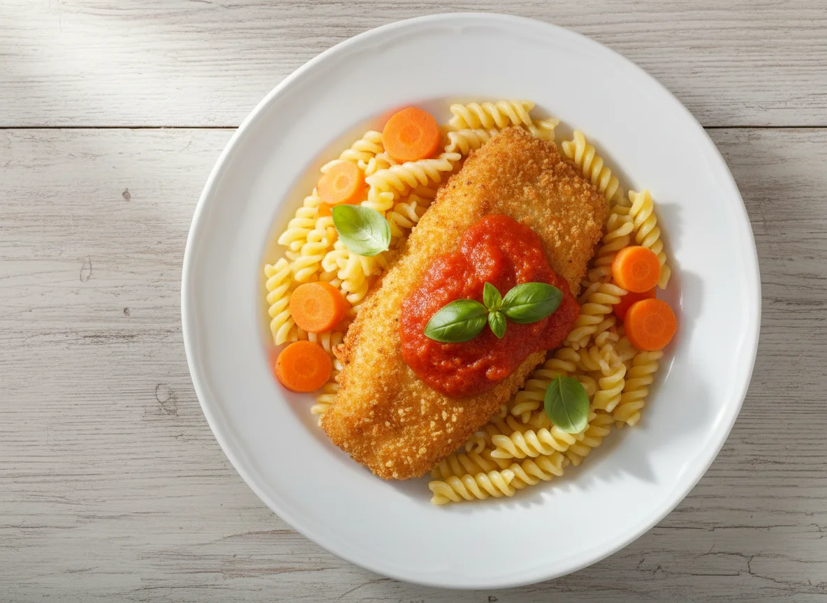 Breaded fish with fusilli pasta in tomato sauce and carrots photo