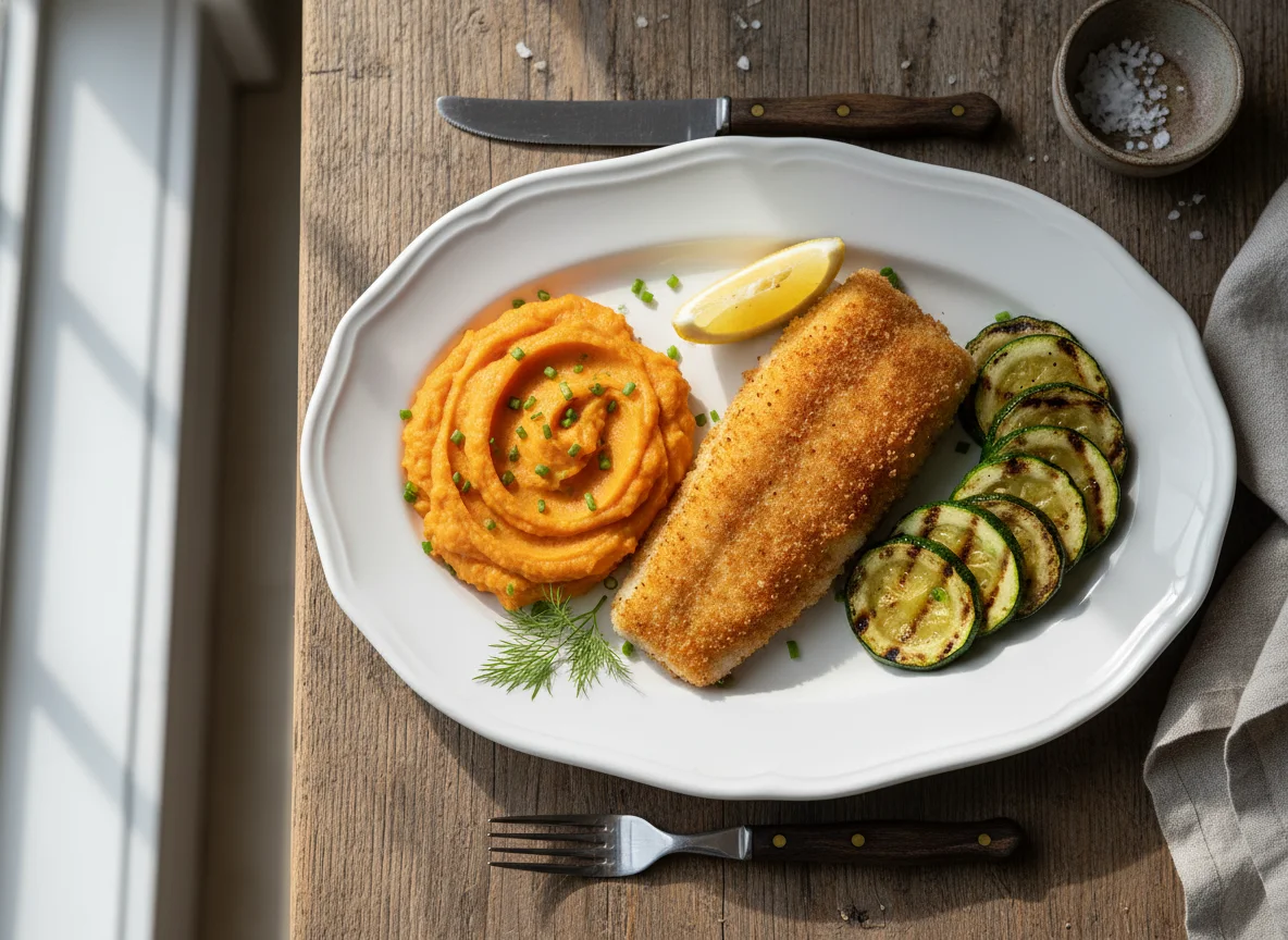 Breaded Fish with Grilled Zucchini and Mashed Sweet Potato photo