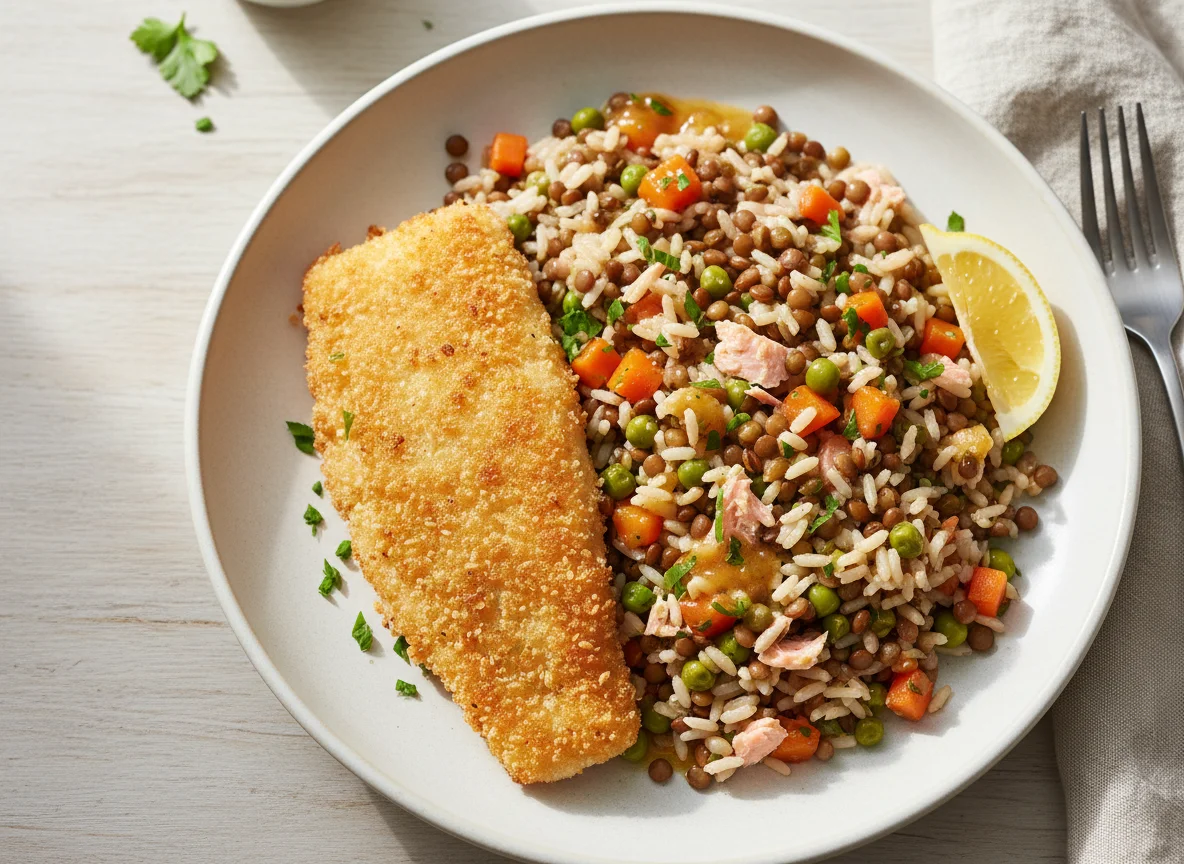Breaded Fish with Lentil and Vegetable Rice photo