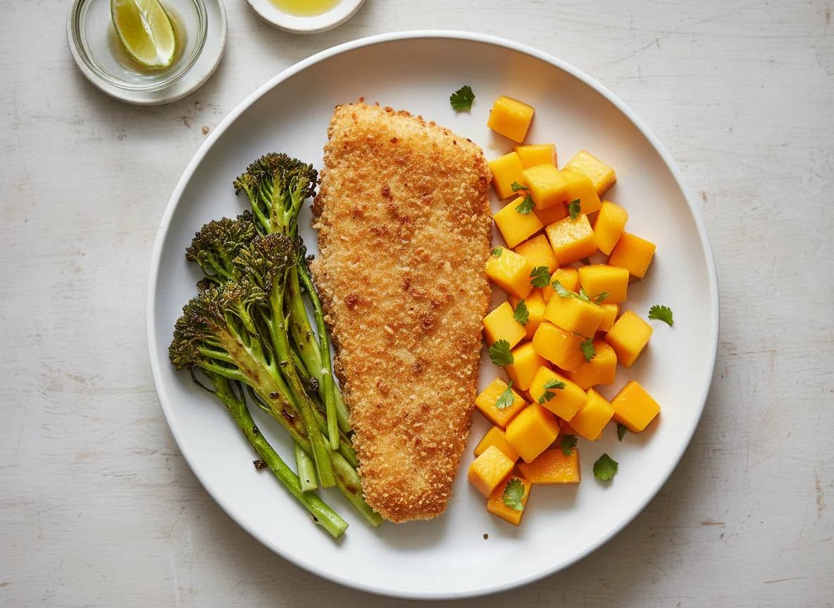 Breaded Fish with Mango and Broccolini photo