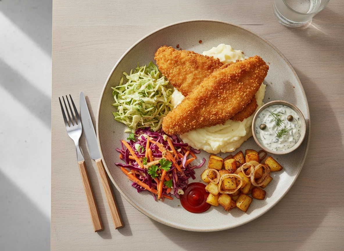 Breaded fish with mashed potatoes and salad photo