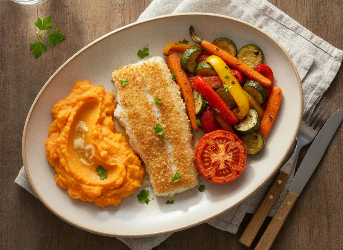 Breaded fish with mashed sweet potato and roasted vegetables photo