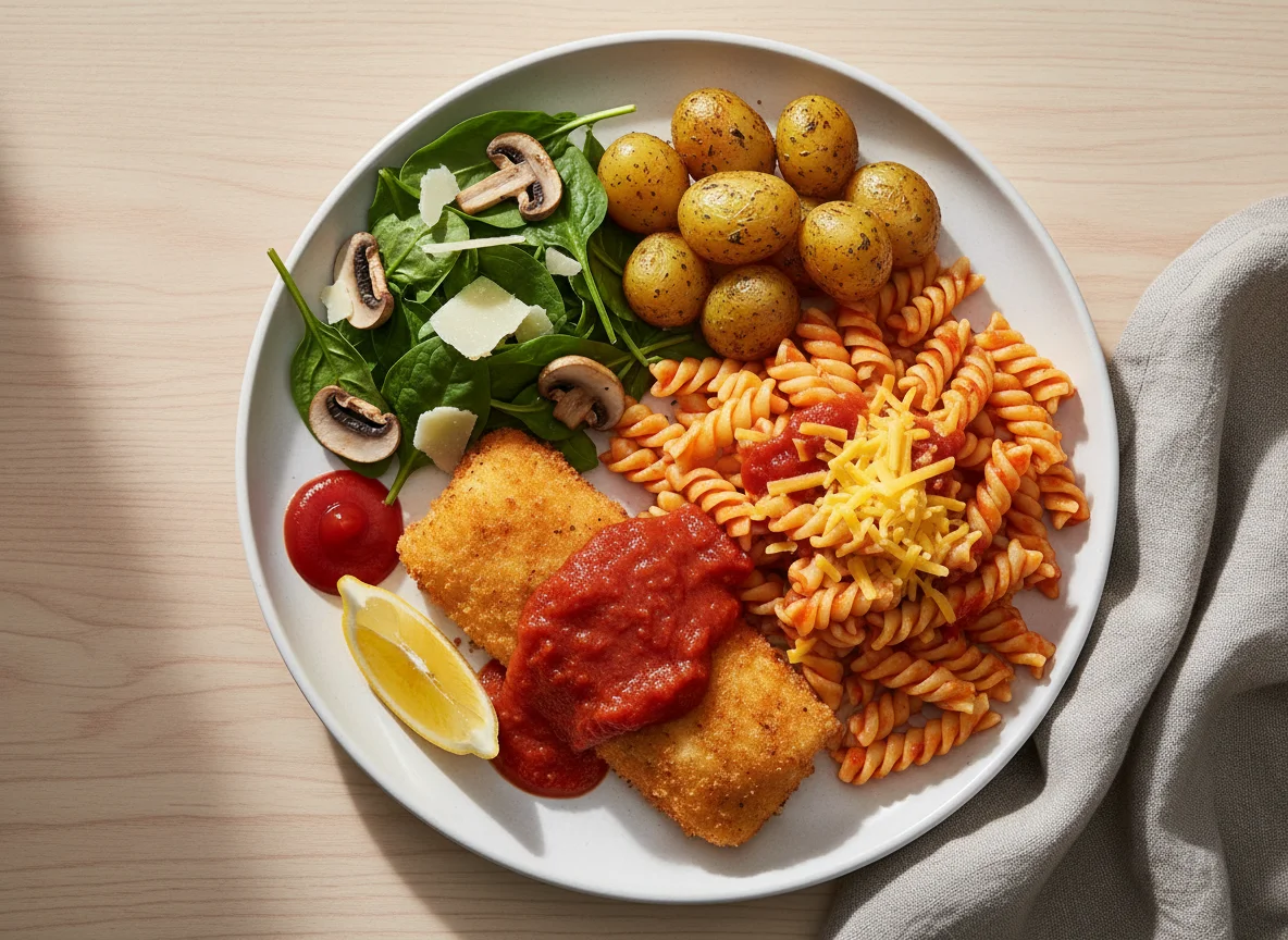 Breaded Fish with Pasta, Roasted Potatoes and Side Salad photo