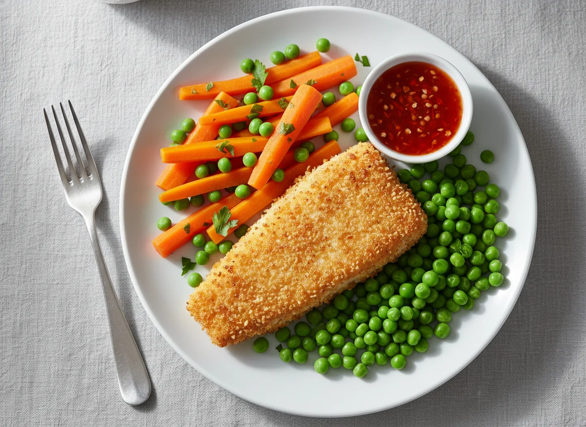 Breaded fish with peas, carrots and sweet chili sauce photo