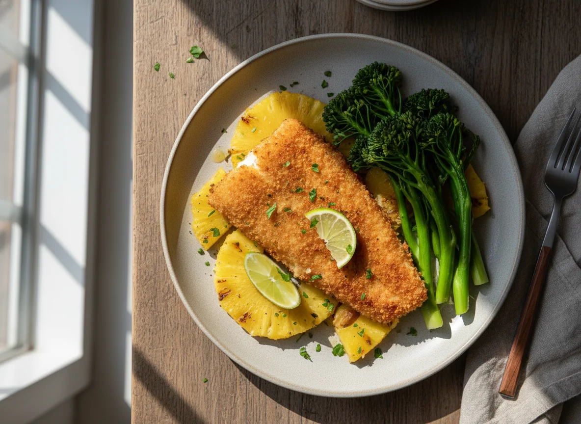 Breaded Fish with Pineapple and Broccolini photo