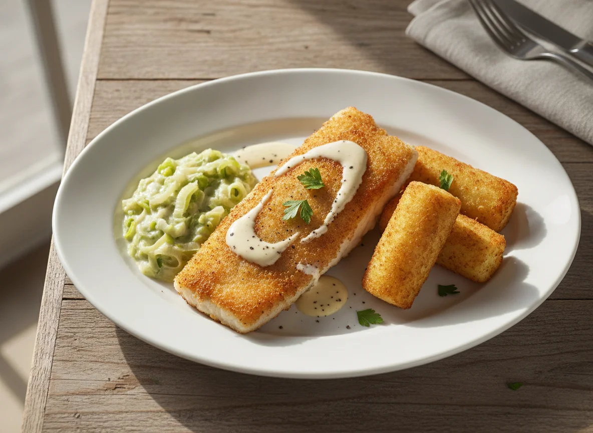 Breaded fish with potato croquettes and creamed leeks photo